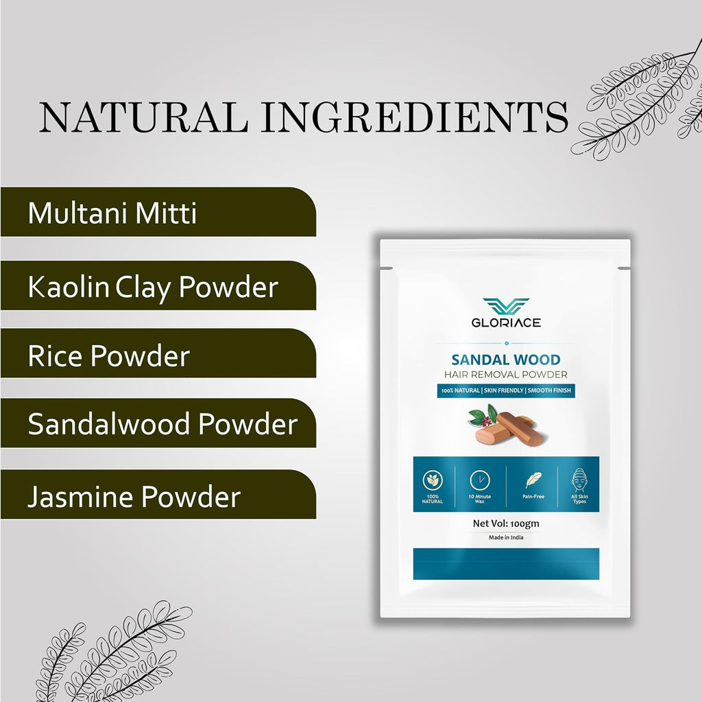 Hair Removal Wax Powder, Natural Ingredients, Pain-Free, All Skin Types, Smooth Finish, 100g (SandalWood)