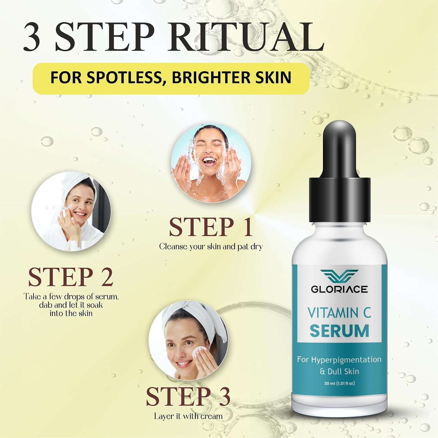 Gloriace Vitamin C Face Serum for Hyperpigmentation & Dull Skin, | Skin Brightening Face Serum, With Antioxidants for Glowing Skin, Fades Dark Spots & Uneven Tone 30 ml