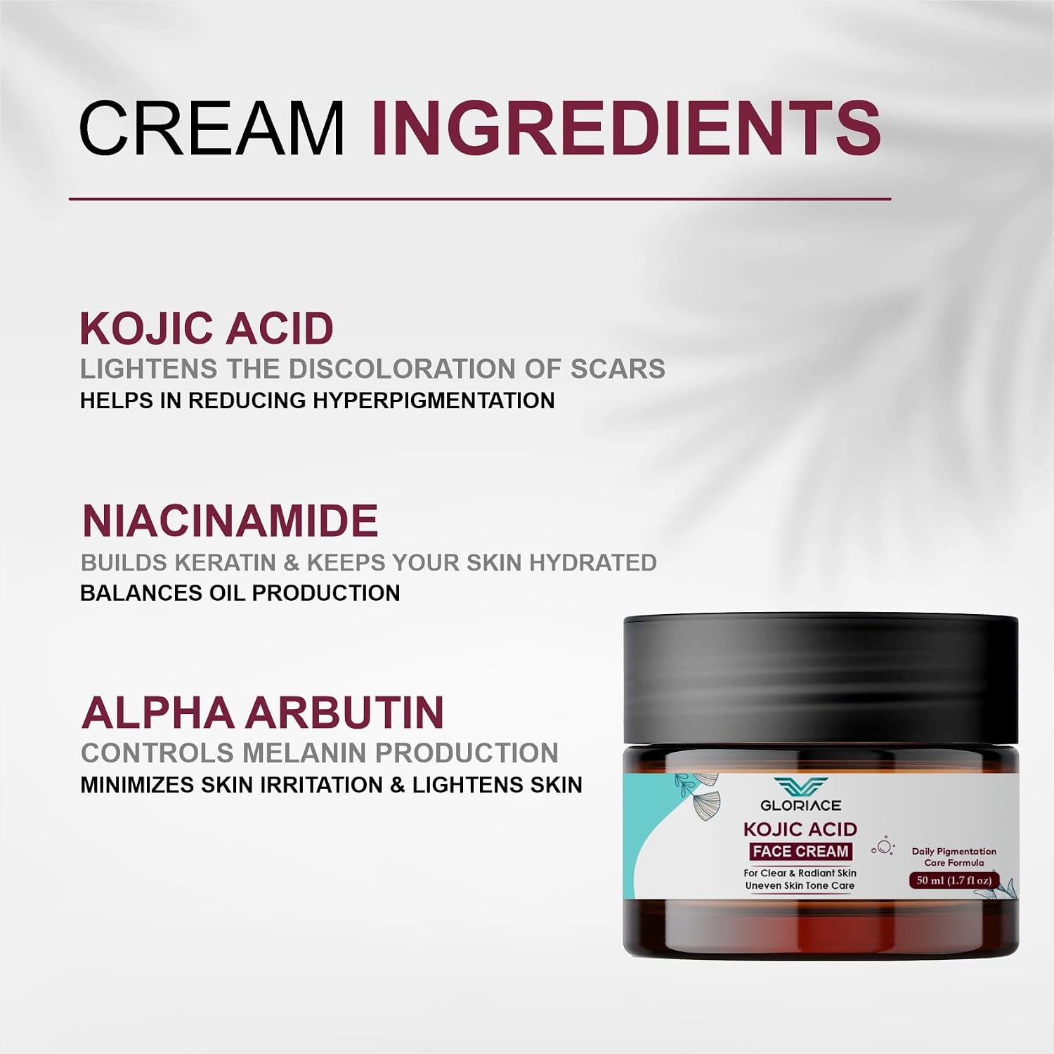 Gloriace Kojic Face Cream, Daily Pigmentation Care Formula, Clear & Radiant Skin, Uneven Skin Tone Care, 50ml