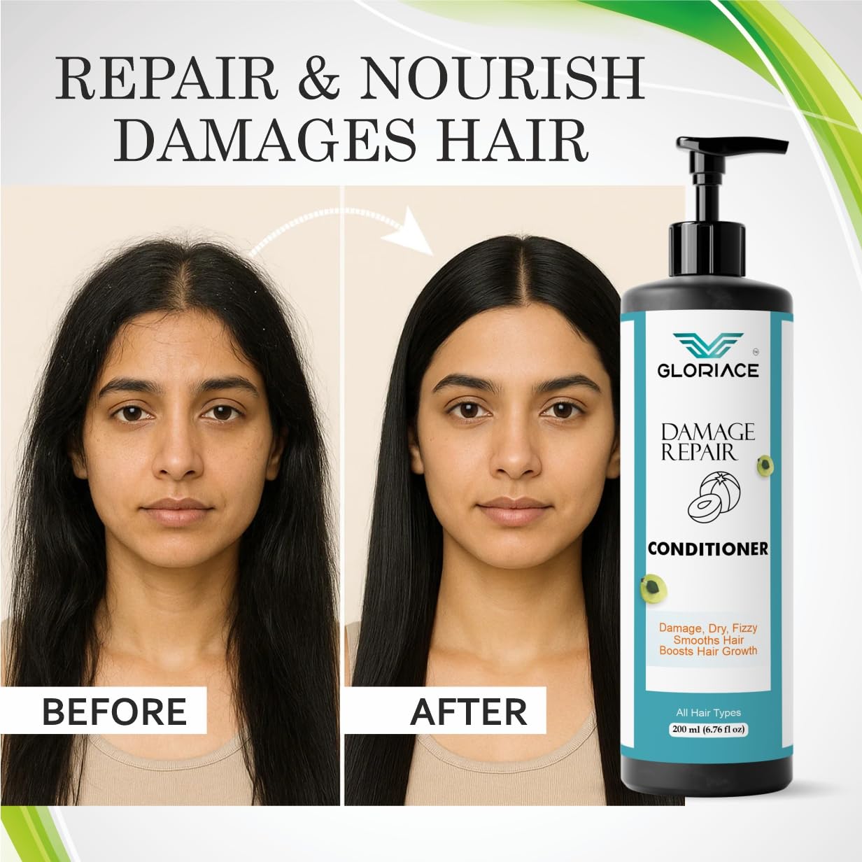 Gloriace Damage Repair Conditioner, Rice Water Infused, for Dry, Frizzy and Damaged Hair, Boosts Hair Growth, 200 ml
