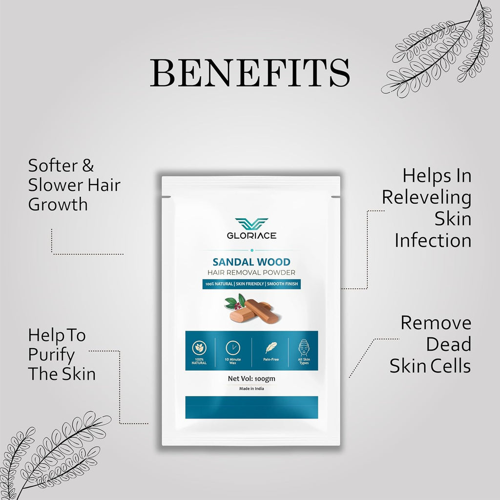 Hair Removal Wax Powder, Natural Ingredients, Pain-Free, All Skin Types, Smooth Finish, 100g (SandalWood)