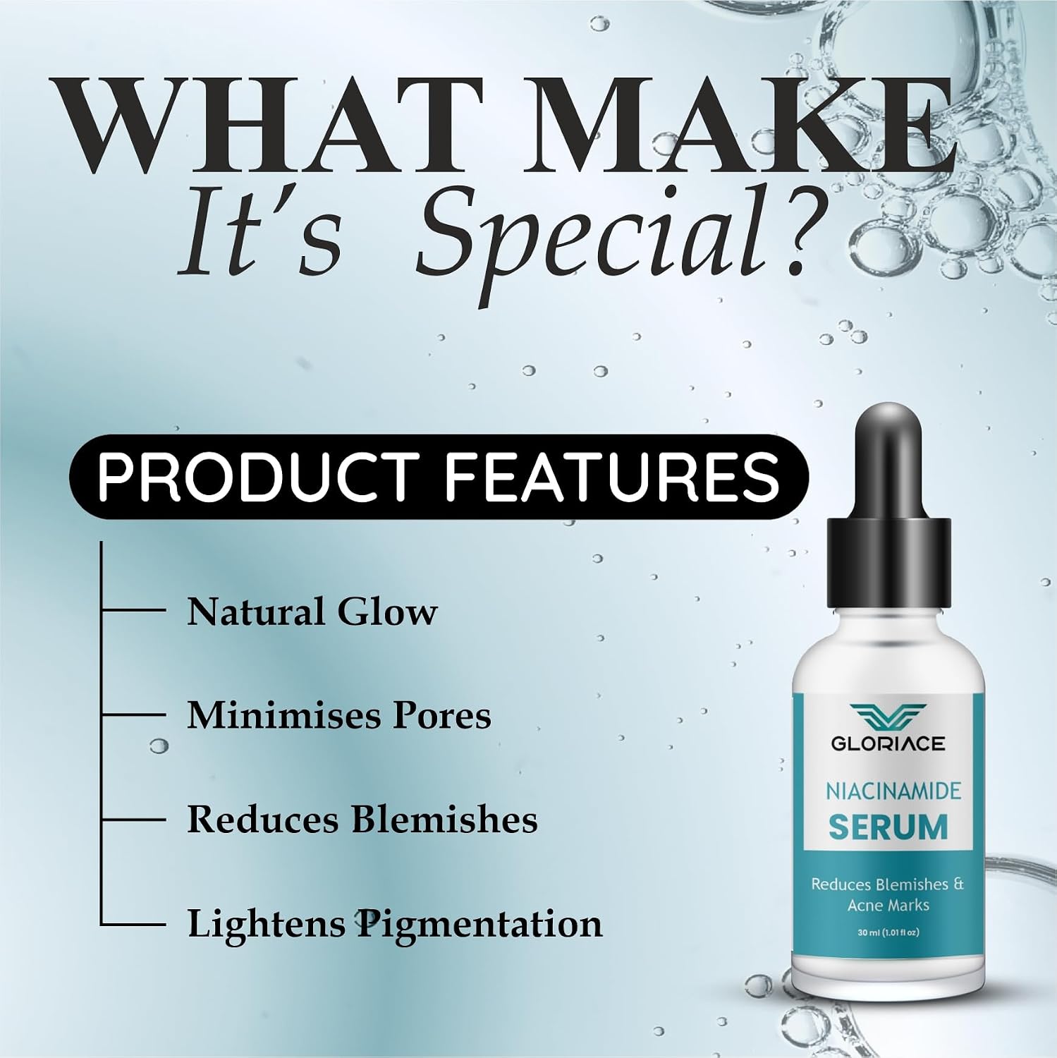 Gloriace Niacinamide Face Serum for Acne Marks, Pimples & Oily Skin | With Zinc PCD for Acne-Prone Skin | Oil Control & Spot Reduction Face Serum (30ml)