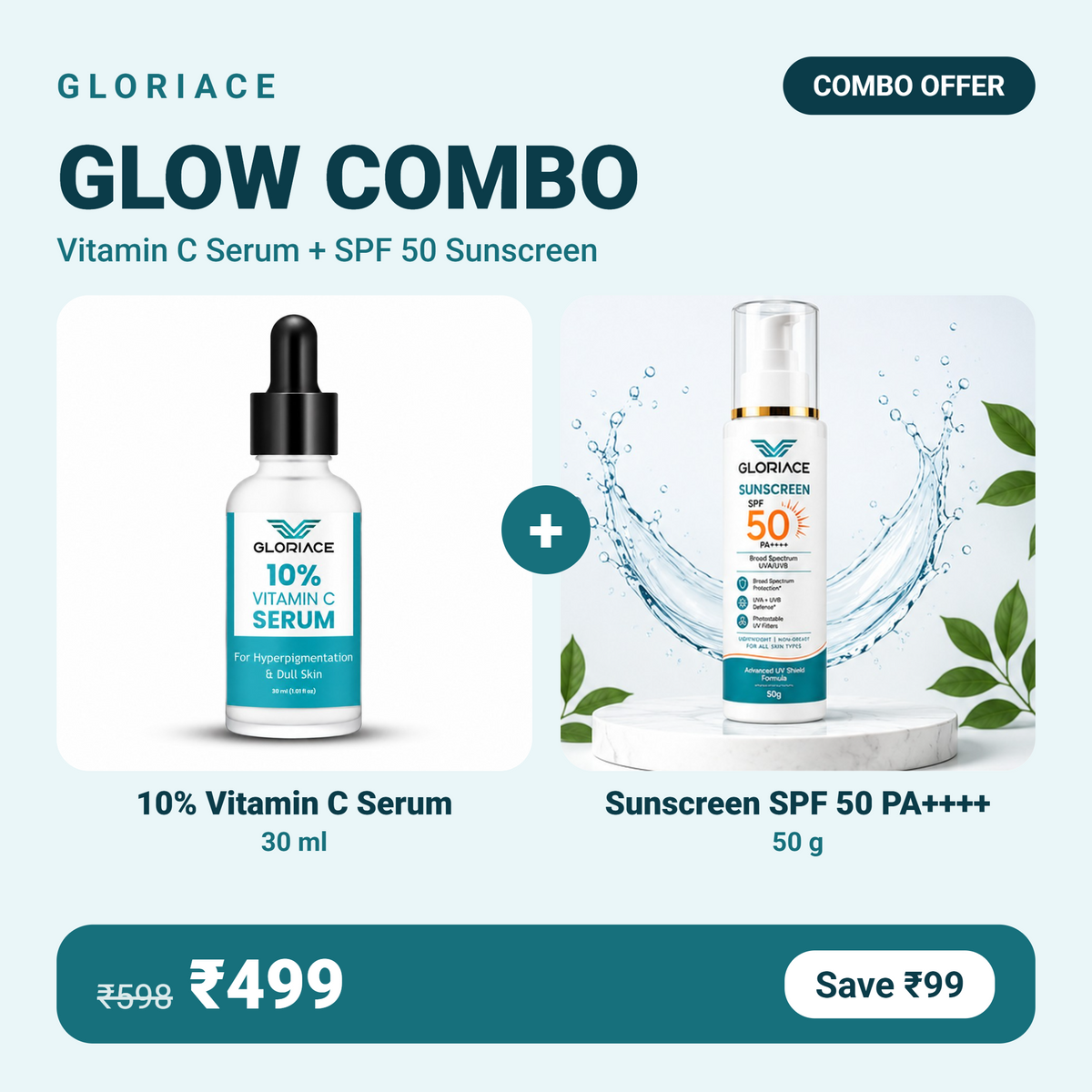 Gloriace Glow Combo: 10% Vitamin C Serum and Sunscreen SPF 50 PA++++