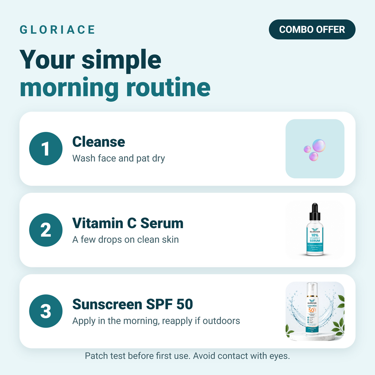 Morning routine with Gloriace Glow Combo: cleanse, Vitamin C serum, then SPF 50 sunscreen