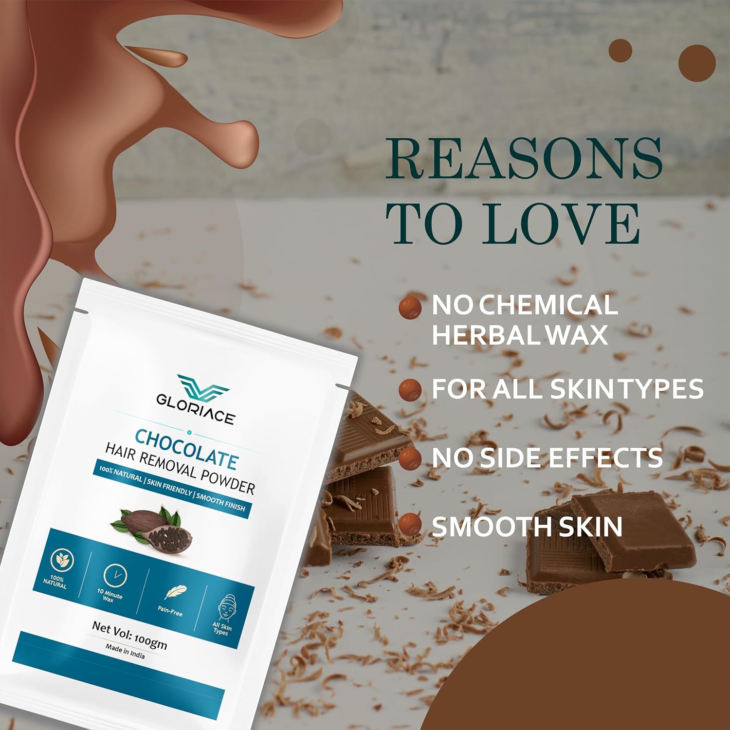 Hair Removal Wax Powder, Natural Ingredients, Pain-Free, All Skin Types, Smooth Finish, 100g (Chocolate)