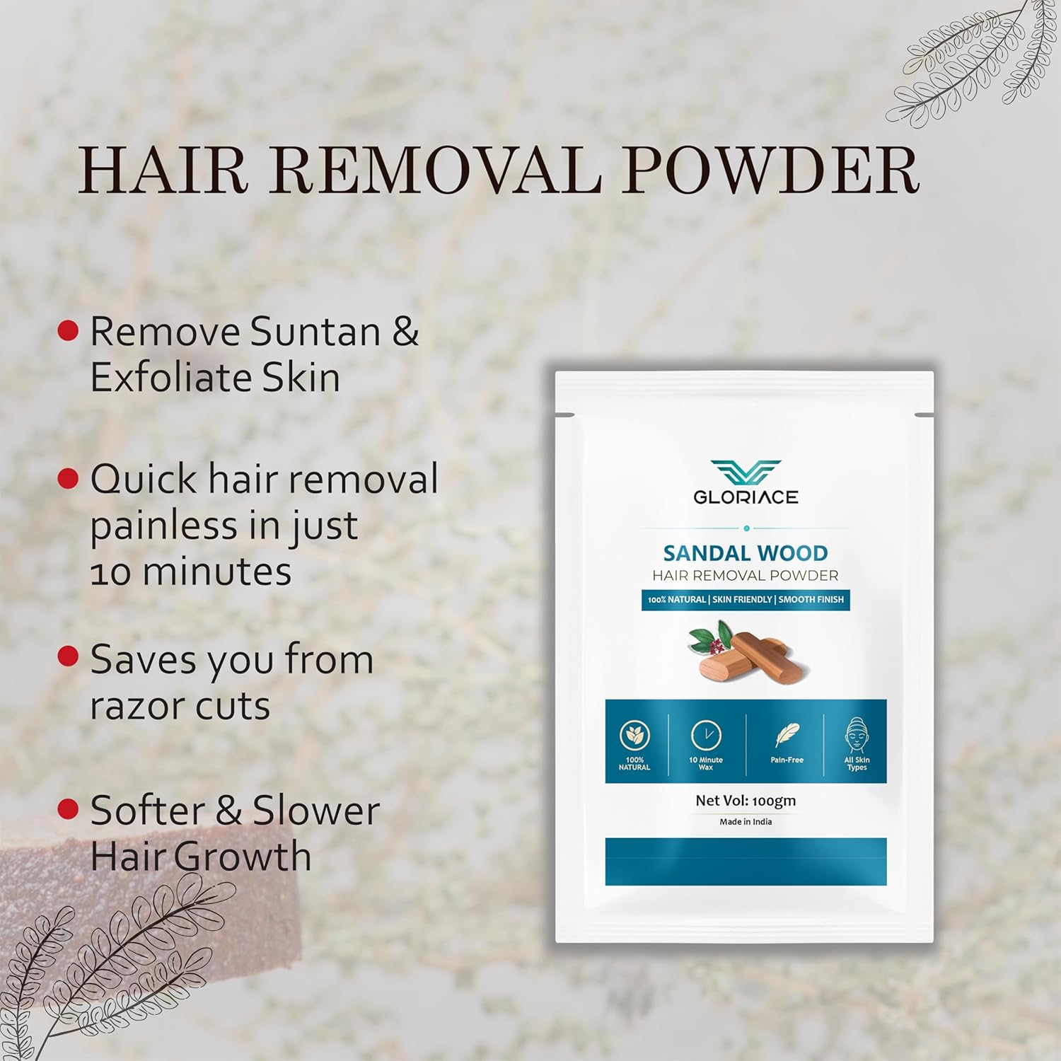 Hair Removal Wax Powder, Natural Ingredients, Pain-Free, All Skin Types, Smooth Finish, 100g (SandalWood)