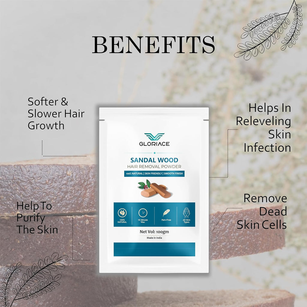 Hair Removal Wax Powder, Natural Ingredients, Pain-Free, All Skin Types, Smooth Finish, 100g (SandalWood)