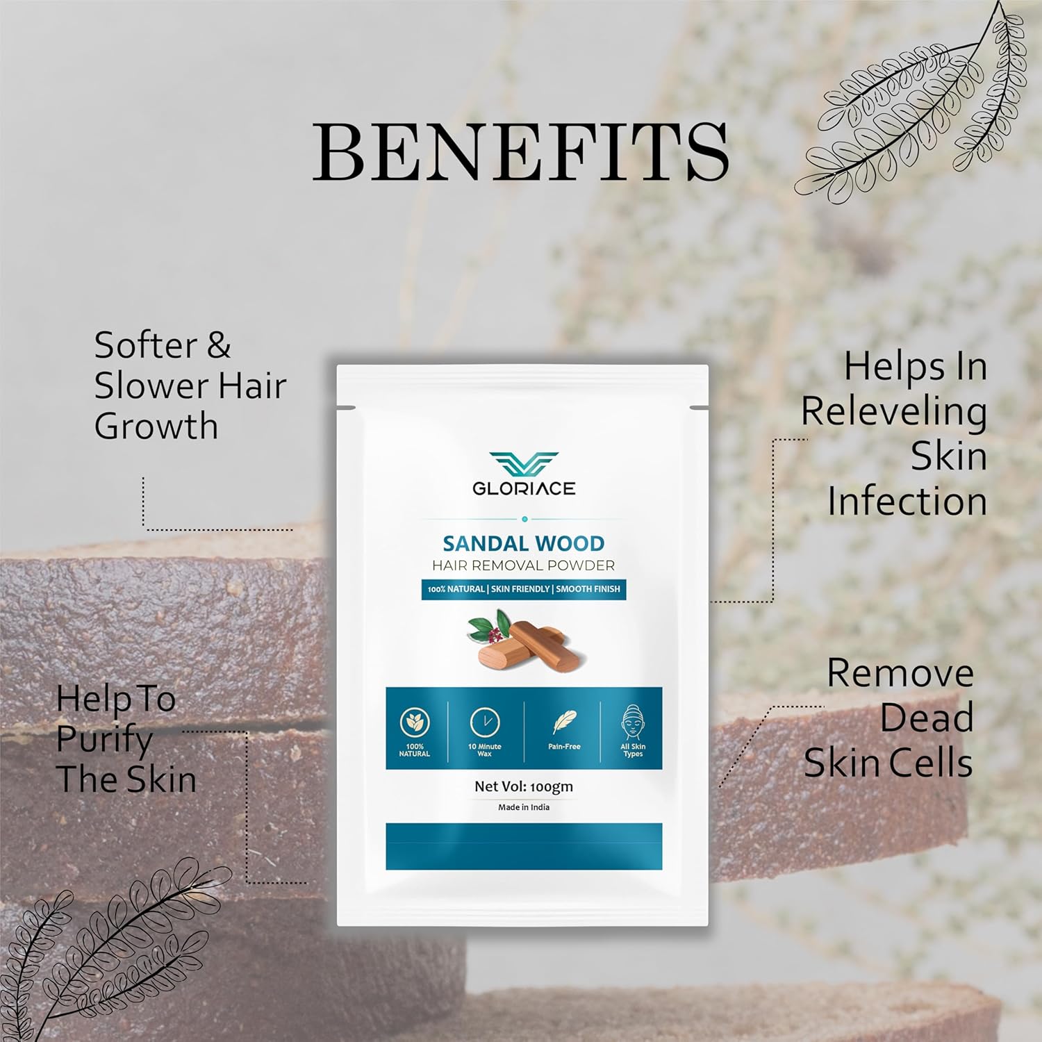 Hair Removal Wax Powder, Natural Ingredients, Pain-Free, All Skin Types, Smooth Finish, 100g (SandalWood)
