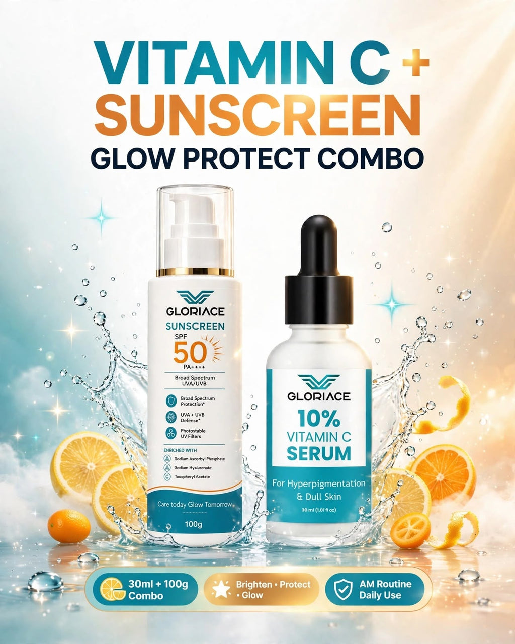 Gloriace Glow Combo with 10% Vitamin C Serum 30 ml and Sunscreen SPF 50 PA++++ 50 g, view 2