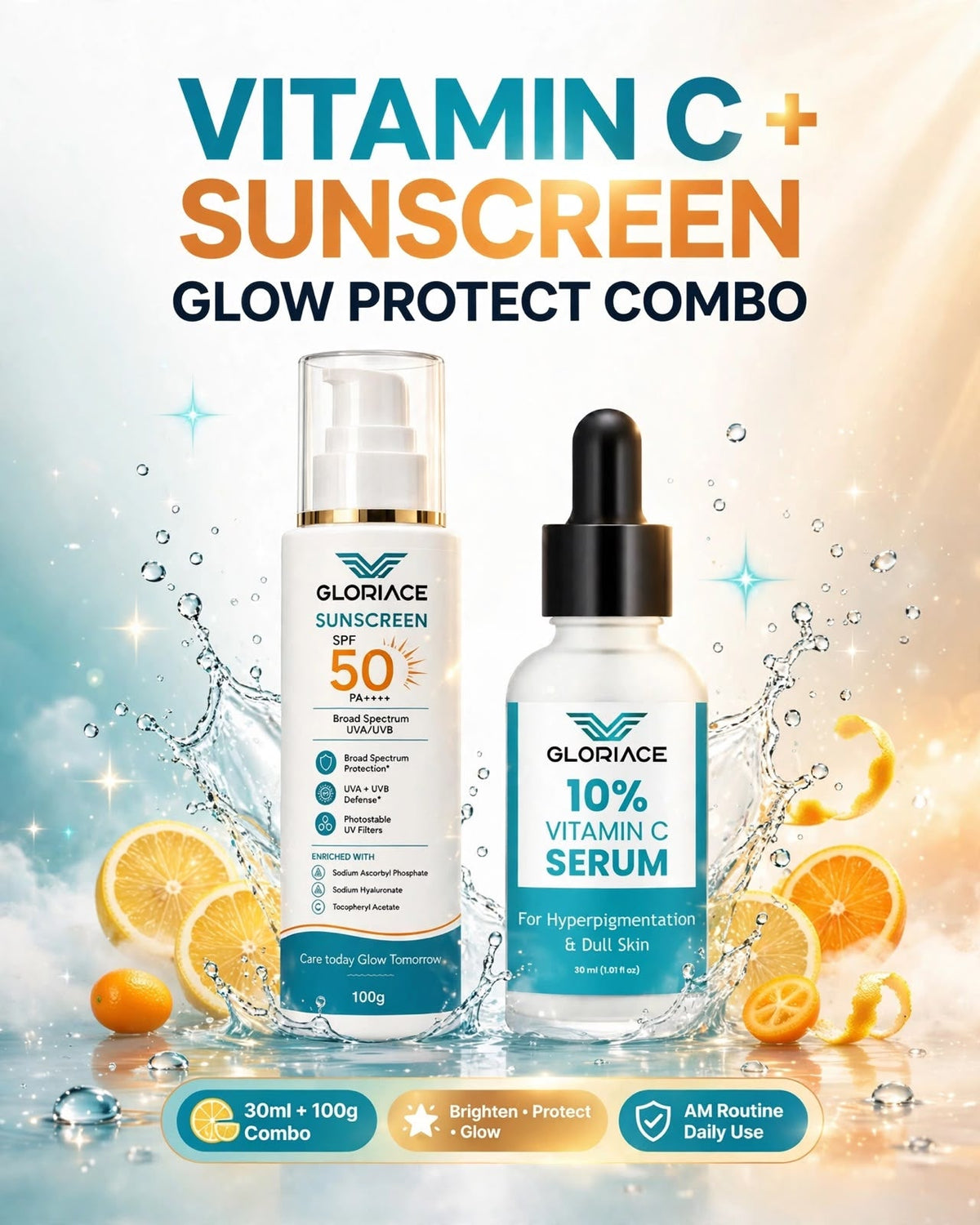 Gloriace Glow Combo with 10% Vitamin C Serum 30 ml and Sunscreen SPF 50 PA++++ 50 g, view 2