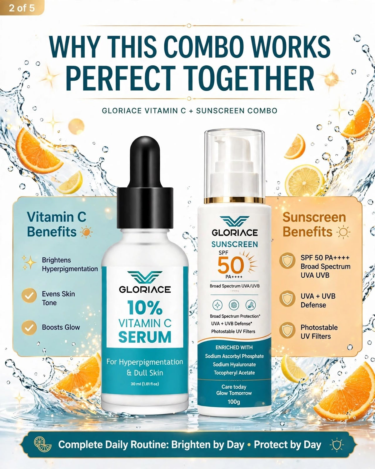 Gloriace Glow Combo with 10% Vitamin C Serum 30 ml and Sunscreen SPF 50 PA++++ 50 g, view 3
