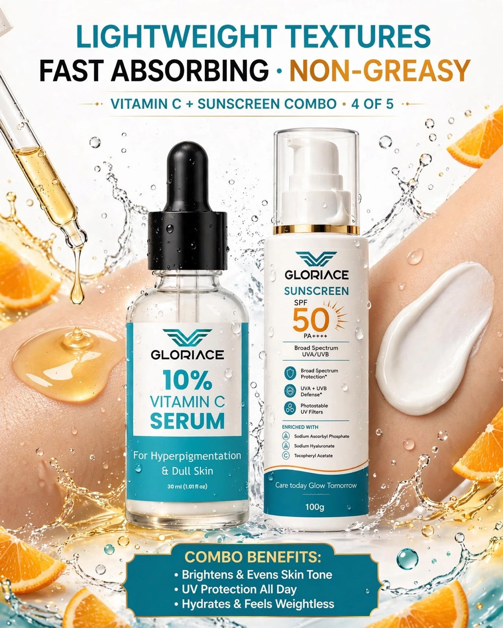Gloriace Glow Combo with 10% Vitamin C Serum 30 ml and Sunscreen SPF 50 PA++++ 50 g, view 4