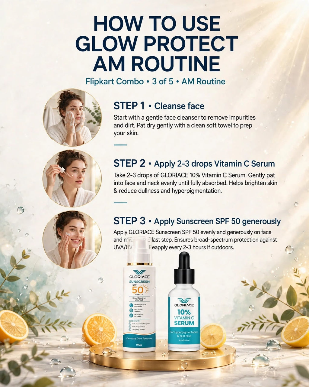 Gloriace Glow Combo with 10% Vitamin C Serum 30 ml and Sunscreen SPF 50 PA++++ 50 g, view 5
